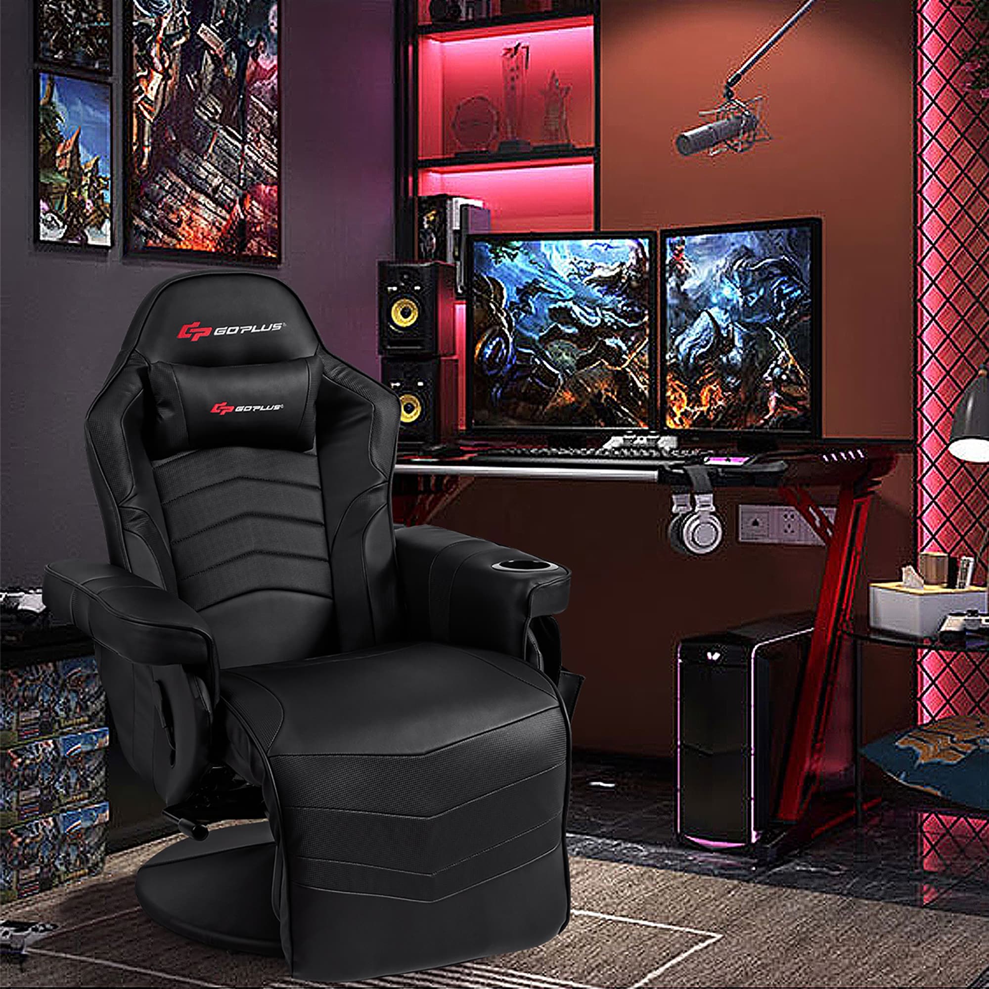 Gaming Chair, Racing Style Computer Recliner with Lumbar Support, Footrest  and Cup Holder, Black/White/Red