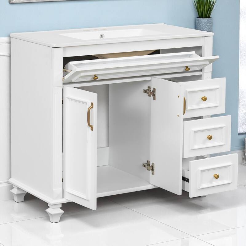 36" Bathroom Vanity with Sink, Freestanding White Cabinet with Gold Hardware, Ceramic Top, Flip Drawer, Soft-Close Doors