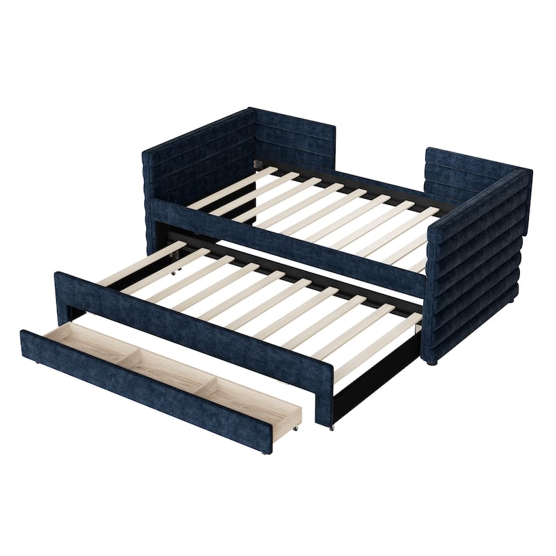 Twin Size Upholstered Daybed Short-haired Linen Fabric L-shape Sofa Bed Frame with Pull-out Trundle Bed and 3 Storage Drawers