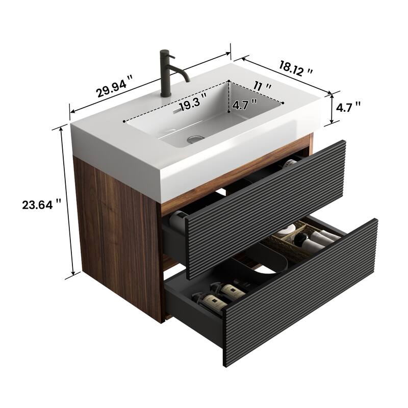 GDFStudio - Grace Floating Bathroom Vanity with Solid Surface Sink and Soft-Close Storage