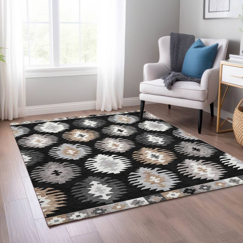 Machine Washable Indoor/ Outdoor Boho Tribal Chantille Rug