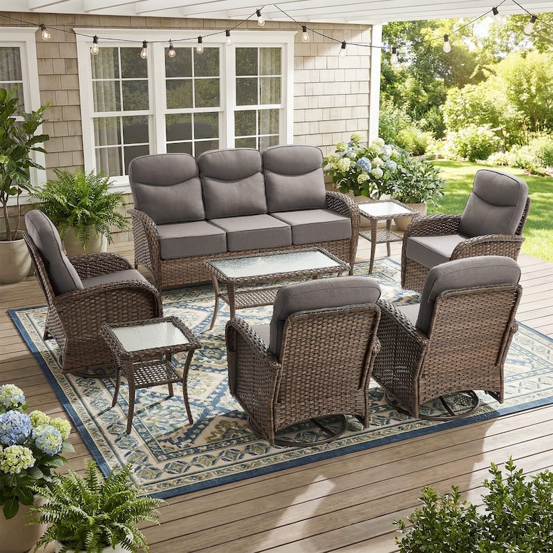Pocassy Outdoor Sofa Swivel Chair and Ottman with Coffee Table - Brown Wicker Gray Cushion - 8-Piece Sofa Swivel Chiar with Table