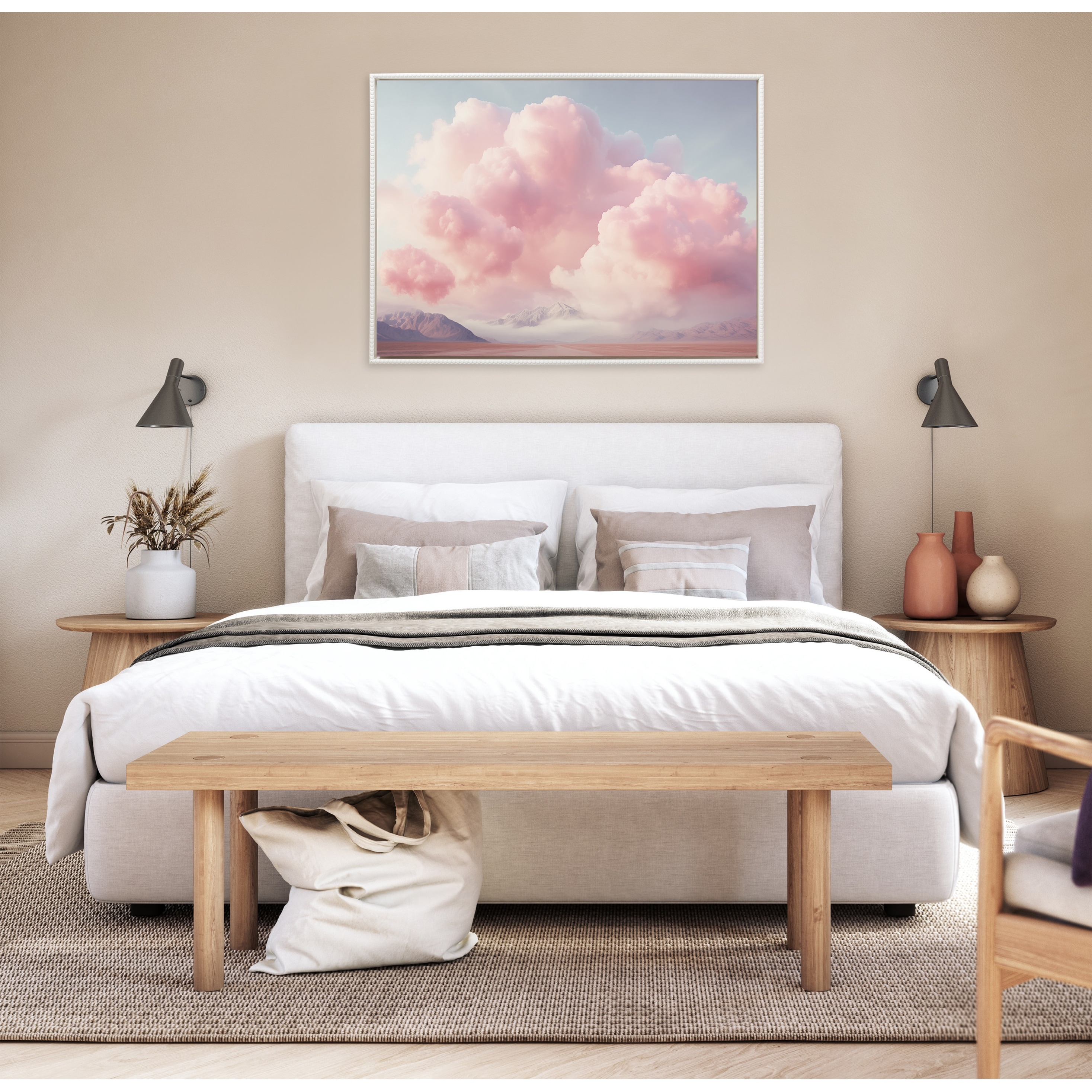 Kate and Laurel Sylvie Beaded Vintage Pink Cotton Candy Clouds Mountain Landscape Framed Canvas by The Creative Bunch Studio