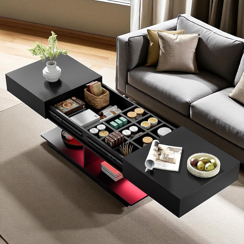 41.3"-76.7" Extendable Coffee Table with Hidden Storage, High Gloss Finish, Multiple Compartments & 16-Color LED Lights