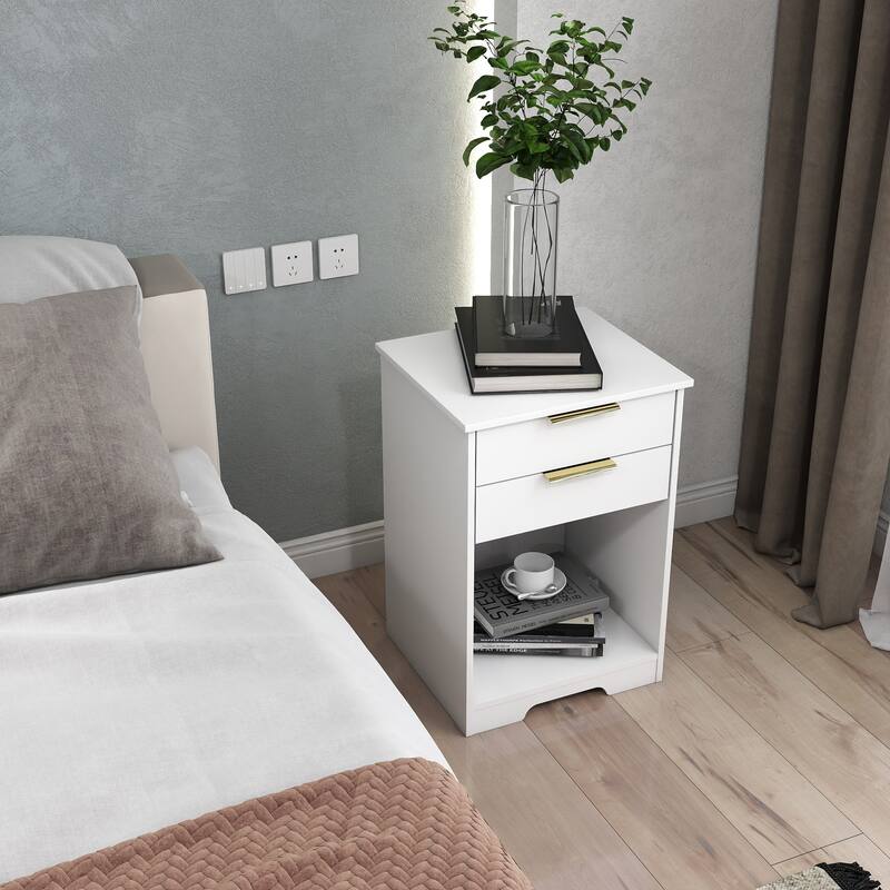Anmytek White 2 Drawer Nightstand with Gold Handles, Modern Bedside Table End Table for Small Spaces