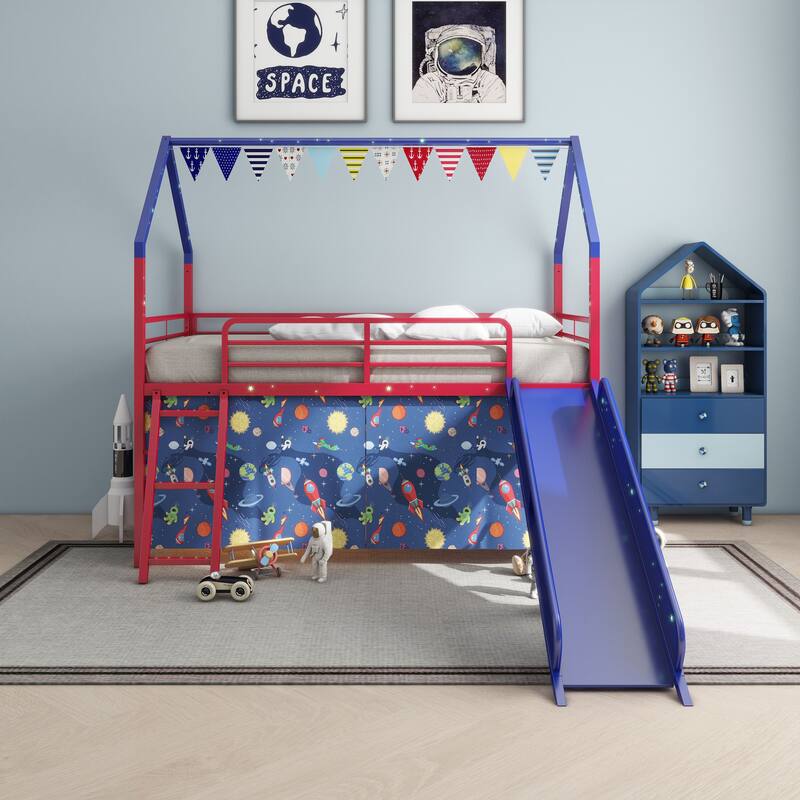 Metal Junior House Twin Loft Bed with Slide and Curtain Set - Blue+Red