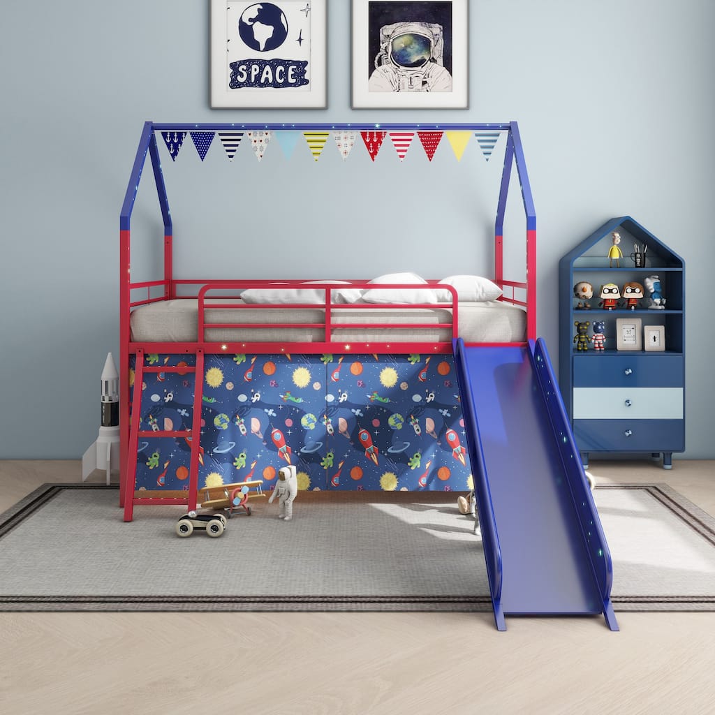 Metal Junior House Twin Loft Bed with Slide and Curtain Set
