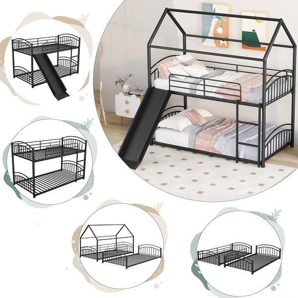 slide 2 of 29, Artsy Friendly Design Twin over Twin Metal Kids House Bunk Bed with Built-in Slides and Climbing Ladders, Convertible, Black Black