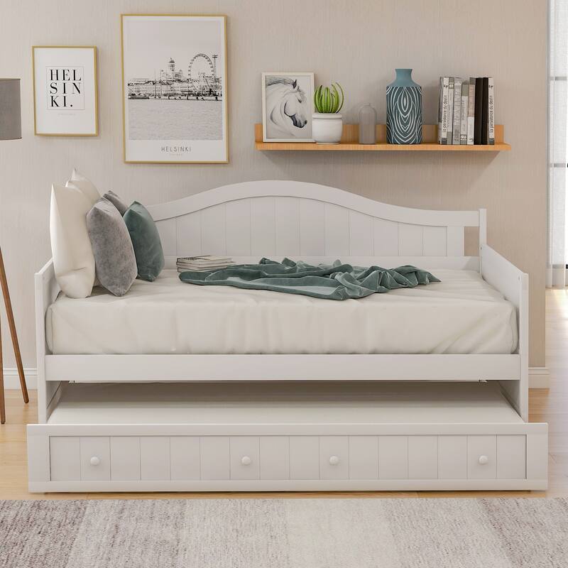 Roomfitters Wooden Twin Daybed with Trundle Bed Cottage Style Solid Pine White