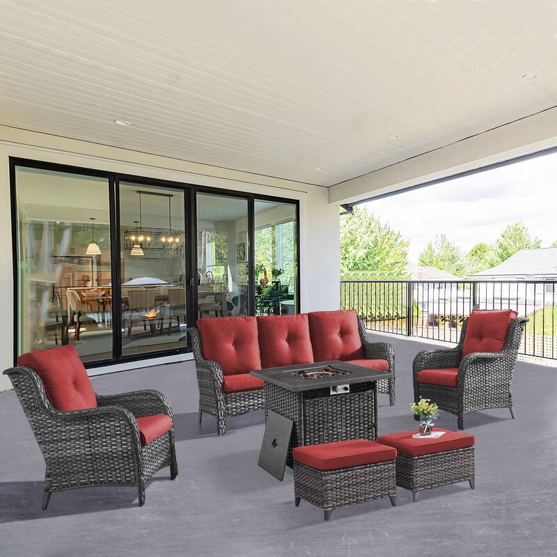 Gymojoy 6-Piece Outdoor Wicker Patio Furniture with Fire Pit Table, Rattan Coversation Set with Water Resistant Thick Cushions
