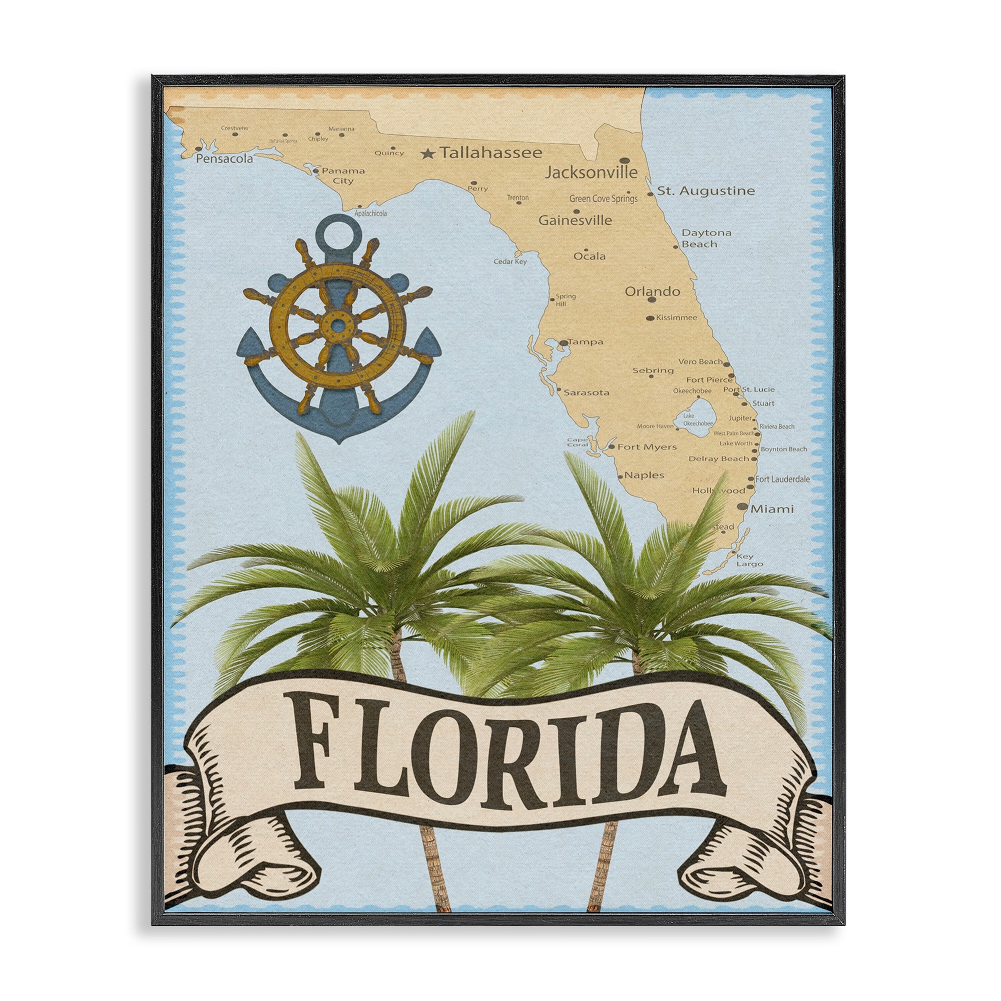 Stupell Florida Map Palm Trees Framed Giclee Art Design By Marcus Prime
