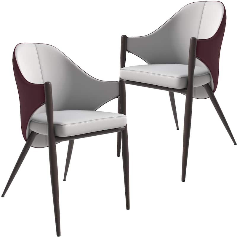 Upholstered Leather Dining Chair with Iron Legs Accent Armchair Set of 2 - White/Bordeaux