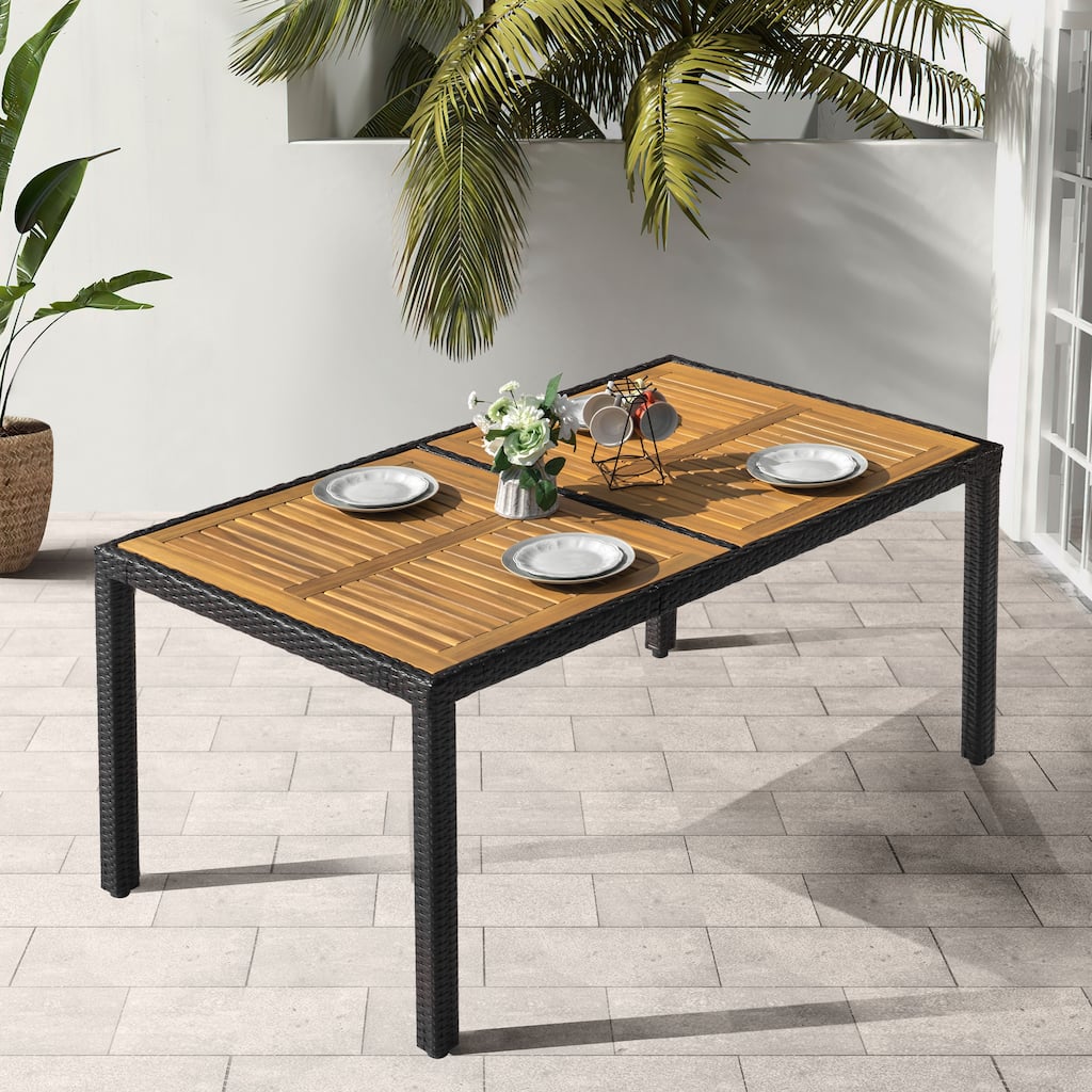 Patio Dining Table, Acacia Wood Top, PE Rattan-Wrapped Metal Frame, Black