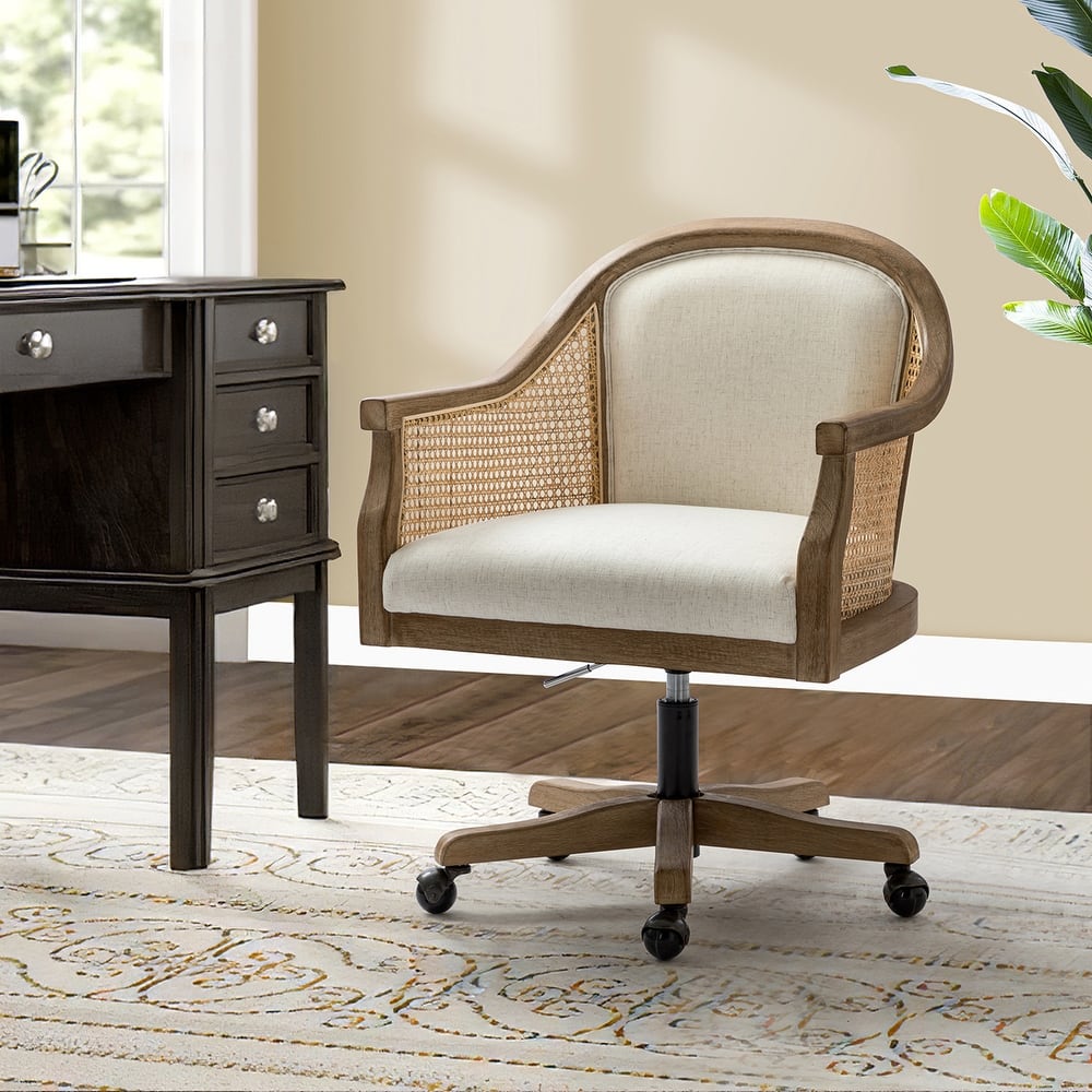 Danilo Farmhouse 360 Degree Swivel Height Adjustable Rattan Desk Chair with RubberWood by HULALA HOME