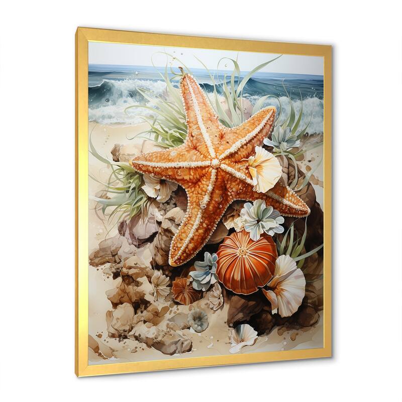 Designart "Orange And Blue Starfish Sands II" Coastal Tropical Wall Decor Orange Coastal Entryway Framed Wall Art Print
