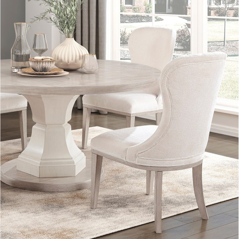 Modern 5pc Dining Set Round Table and 4x Side Chairs Ivory Fabric Upholstered Furniture