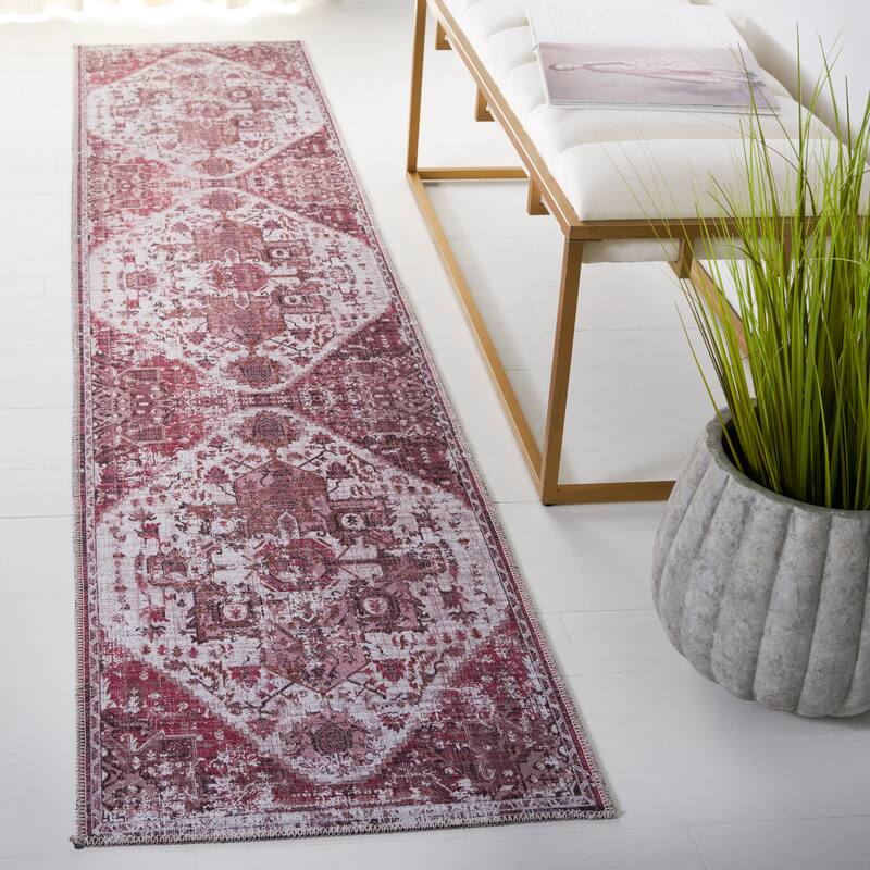 SAFAVIEH Serapi Machine Washable Nealie Shabby Chic Distressed Rug - 2' x 9' Runner - Ivory/Rust