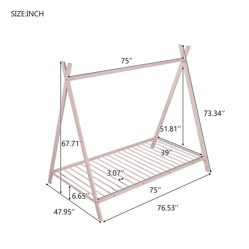 Twin Size Metal Floor Play Tent Bed House Bed with Slat for Kids