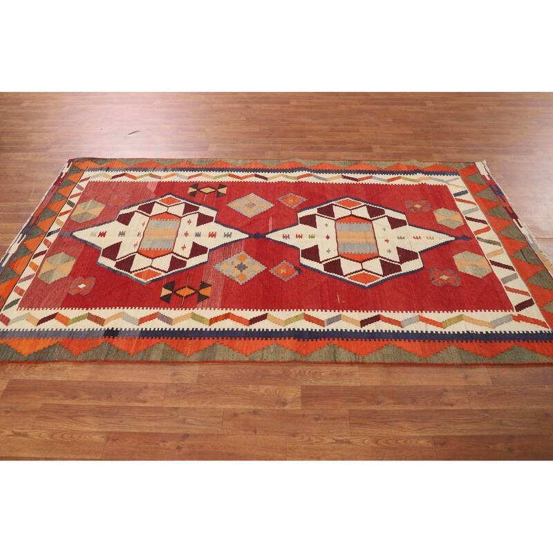 Geometric Kilim Qashqai Persian Vintage Rug Hand-Woven Wool Carpet - 4'5"x 8'1"