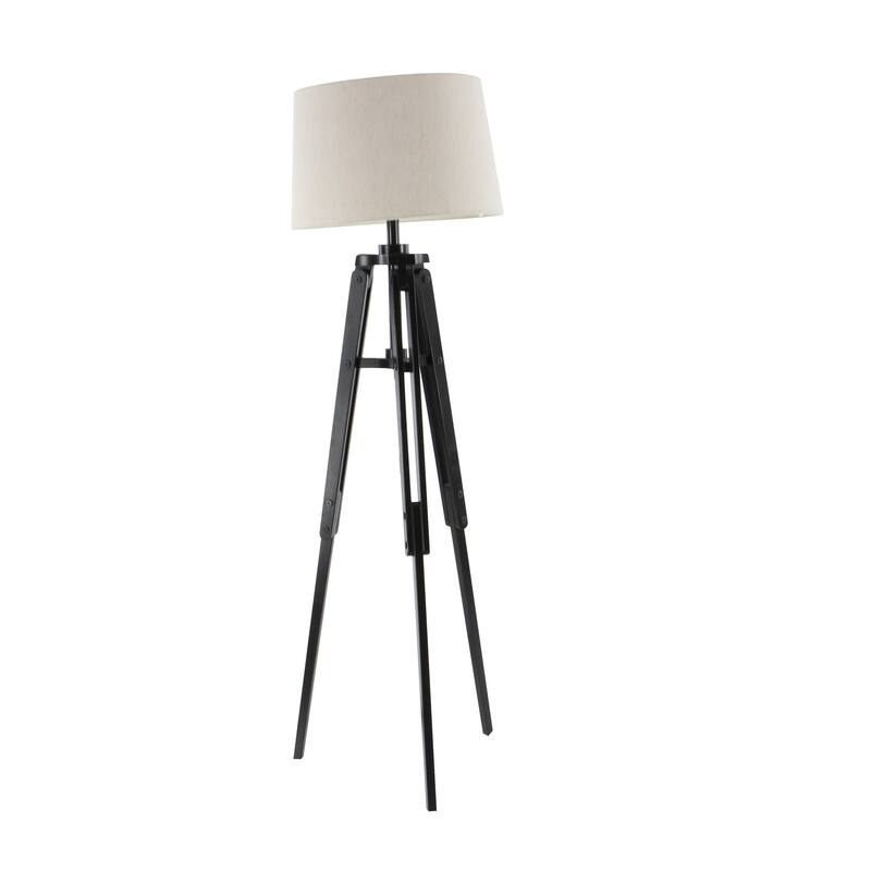 Black Wood Tripod Room Floor Lamp with Cream Linen Shade