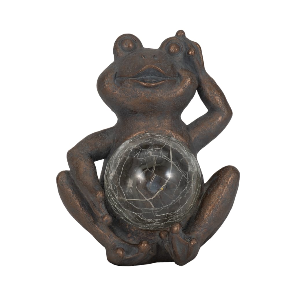 Sagebrook Home's 7-inch Polyresin Frog with Glowing Solar Orb in Antique Copper