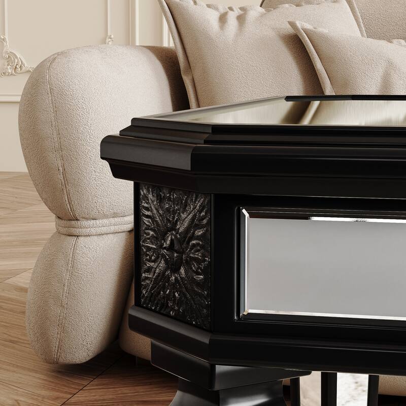 GDF Studio - Lorent Modern Mirrored Coffee Table with Carved Wood Accents