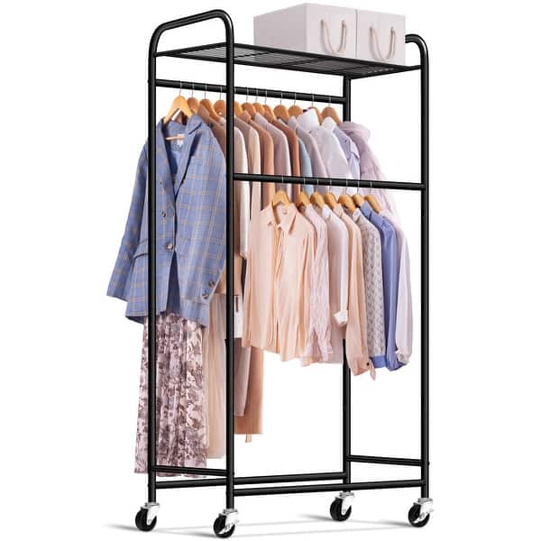 Double Rod Long Clothing Rack,Heavy Duty Rolling Garment Rack with Top  Shelves,Portable Closet Wardrobe Clothes Rack with Wheels - Bed Bath &  Beyond - 40646339