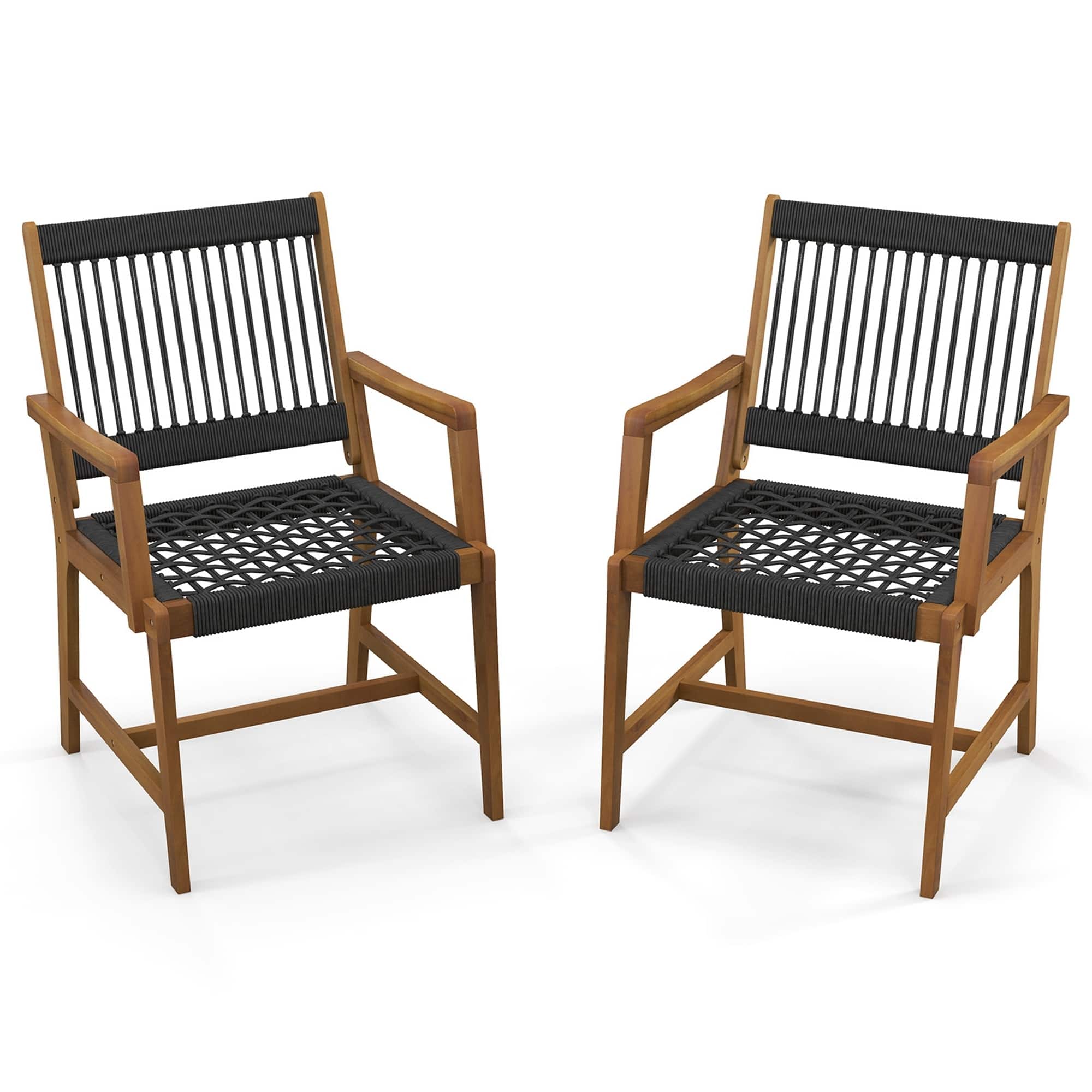 Costway Patio 2pcs Acacia Wood Dining Chairs All-Weather Rope Woven - See Details