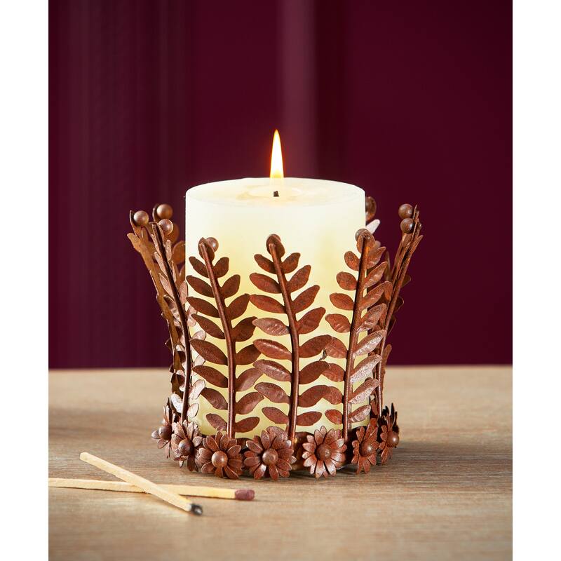 Rustic Fern Metal Pillar Candle Holder, 8.0L x 8.0W x 3.3H inches