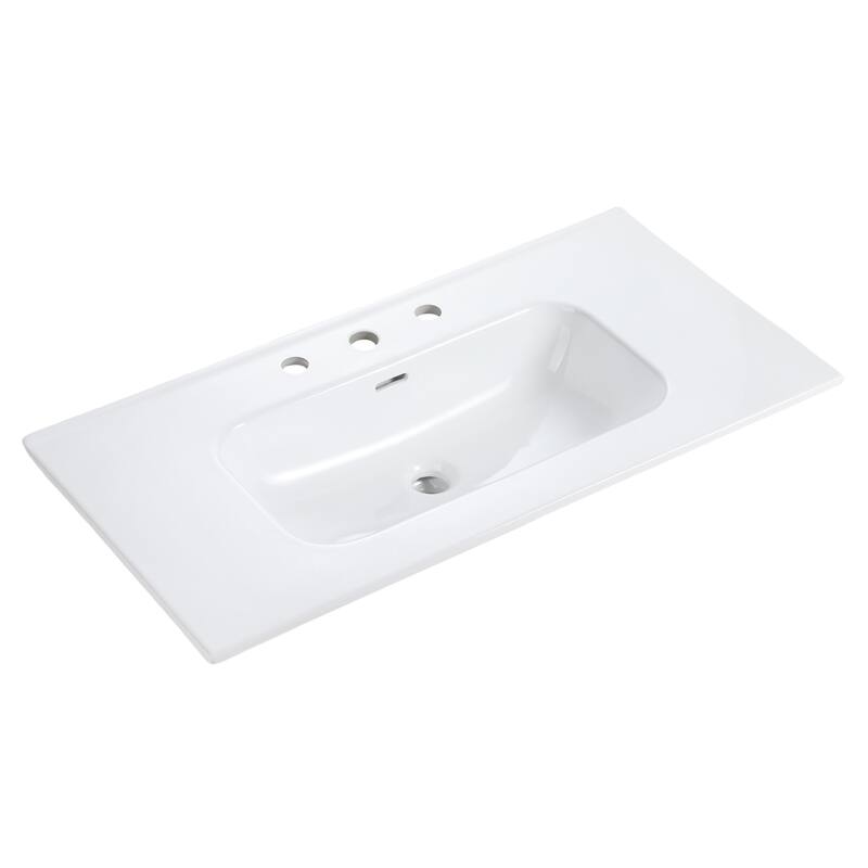 GDFStudio - Modern Sleek Rounded Edges Integrated Ceramic Basin with Glossy Finish, Drain Not Included - Gloss White+3 faucet holes - 35.8"