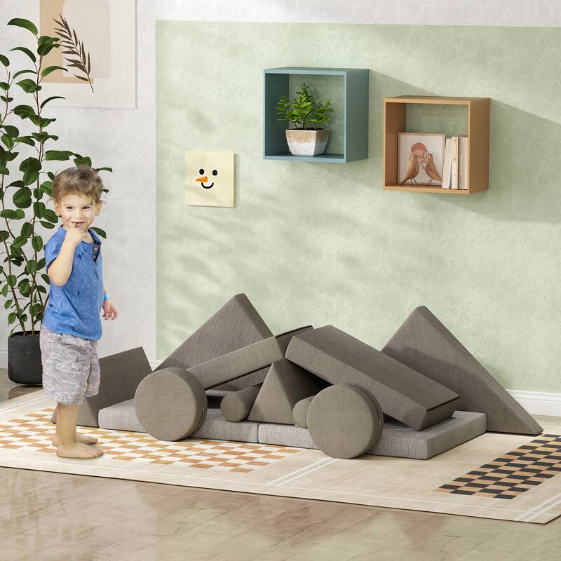 12-Piece Toddler Soft Play Set Over 18 Months Stackable Foam Blocks Velvet Foam Creative Imaginative Play Khaki - Khaki