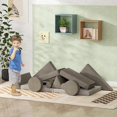 12-Piece Toddler Soft Play Set Over 18 Months Stackable Foam Blocks Velvet Foam Creative Imaginative Play Khaki