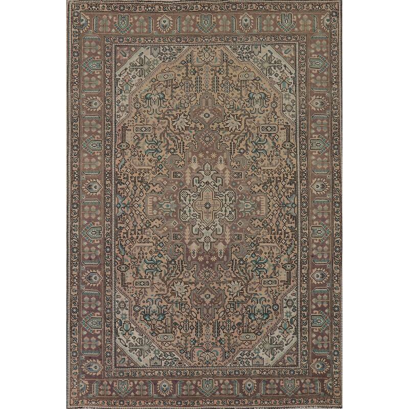 Geometric Tabriz Vintage Persian Area Rug Handmade Peach Wool Carpet - 6'5" x 9'5"