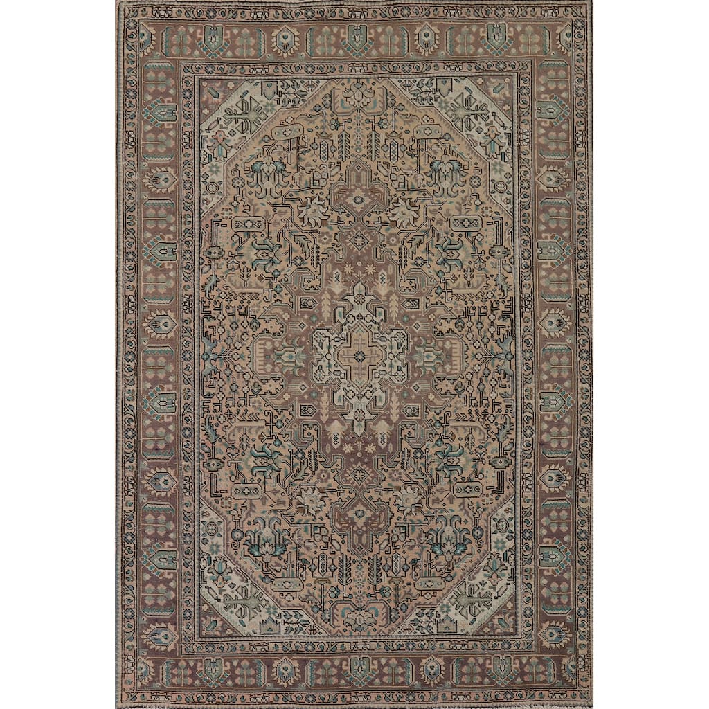 Geometric Tabriz Vintage Persian Area Rug Handmade Peach Wool Carpet - 6'5" x 9'5"