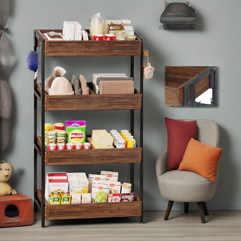 4 Tier Retail Display Rack Stand with Particleboard Shelves Metal Frame and Hooks for Store Kitchen or Office Organization