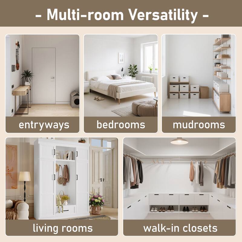 Modern Coat Rack with Bench, 4 Doors, 1 Drawer Adjustable Shelf and 3 Hooks, for Hallway Entryway Living Room