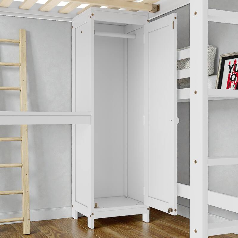 Queen Wood Loft Bed with Wardrobe, Desk & Bookshelf, Space-Saving Loft Bed with Storage Cabinet and Ladder for Kids & Teens