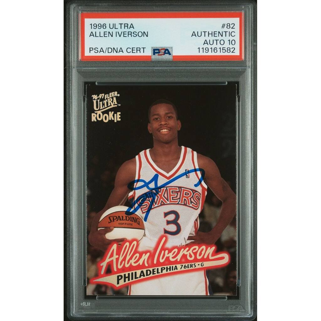 Allen Iverson 1996 Fleer Ultra Signed Basketball Rookie Card #82 Auto Graded PSA 10 Cert # 119161582 - 8' x 11'