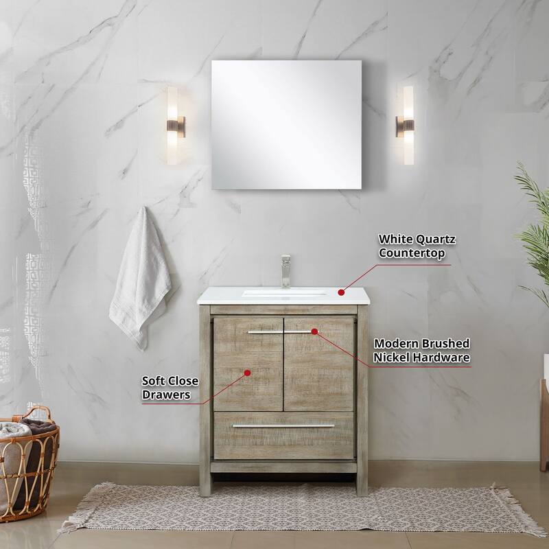Lafarre 30 in W x 20 in D Rustic Acacia Bath Vanity, White Quartz Top, Brushed Nickel Faucet Set and 28 in Mirror