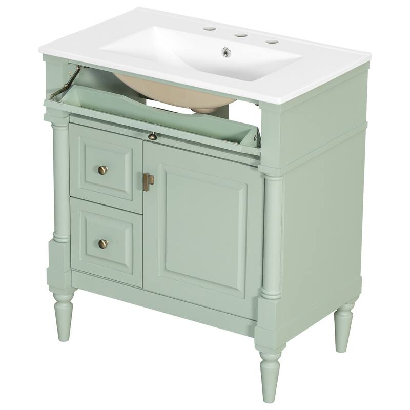 Roomfitters 30" Bathroom Vanity with Sink, Solid Wood Frame, Flip Drawer, 2 Drawers & Door Rack
