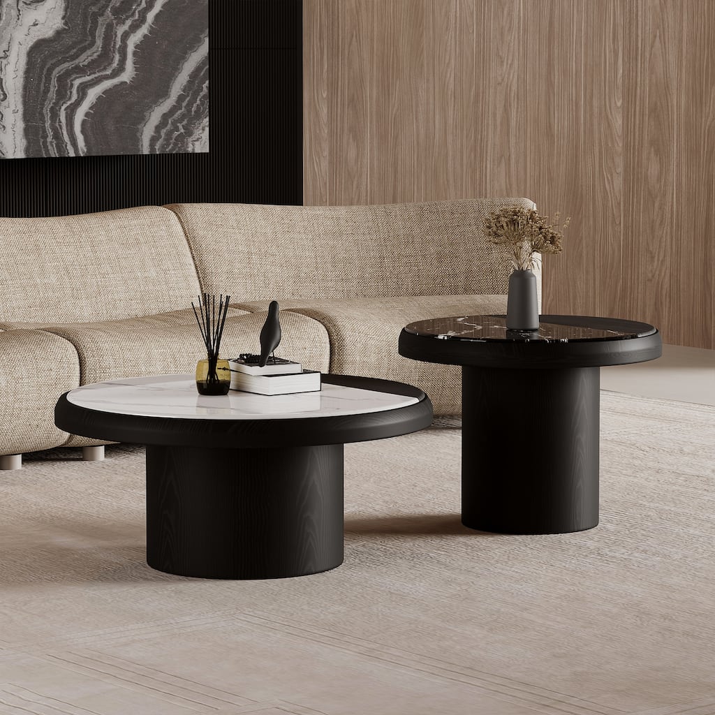 31.5" Modern Round Coffee Table,Set of 2, Black Solid Wood Texture, Faux Marble Table top
