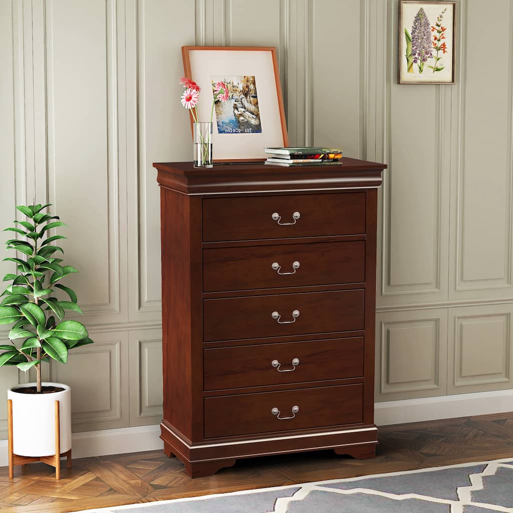 48" Tall Modern Dark Cherry Solid Wood 5-drawer Storage Chest