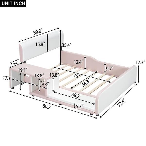 dimension image slide 1 of 2, Full Size Upholstered Platform Bed, Faux Leather Bed with Storage Nightstand & Guardrail, Platform Bed Frame with Footboard