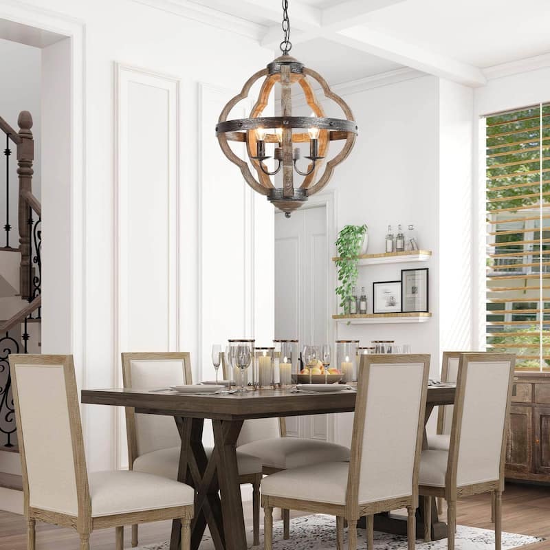 Modern Farmhouse 3-light Antiqued Wood Island Pendant Light Orb Chandelier - W 15"x H 19"
