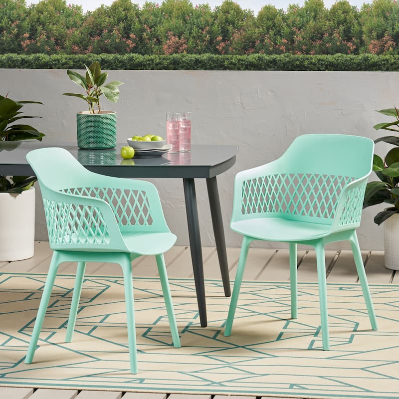 Roomfitters Outdoor Plastic Chairs with Lattice Back, Lightweight Patio Seating Set of 2, Modern Style - Green