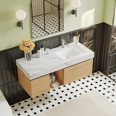 47.6" Mid Century Single Bathroom faux marble Vanity with Top, Solid Wood, Floating Vanities for Bathroom, Not Assembled Need