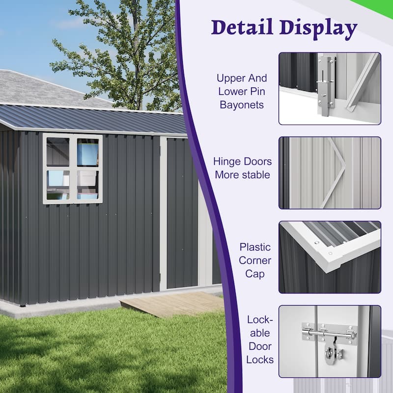 10x8 FT Weather-Resistant Steel Shed with Clear Window & Lockable Doors