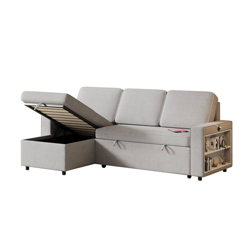 Grey 85.8'' L-Shaped Sleeper Sofa with Pull-Out Bed and Storage