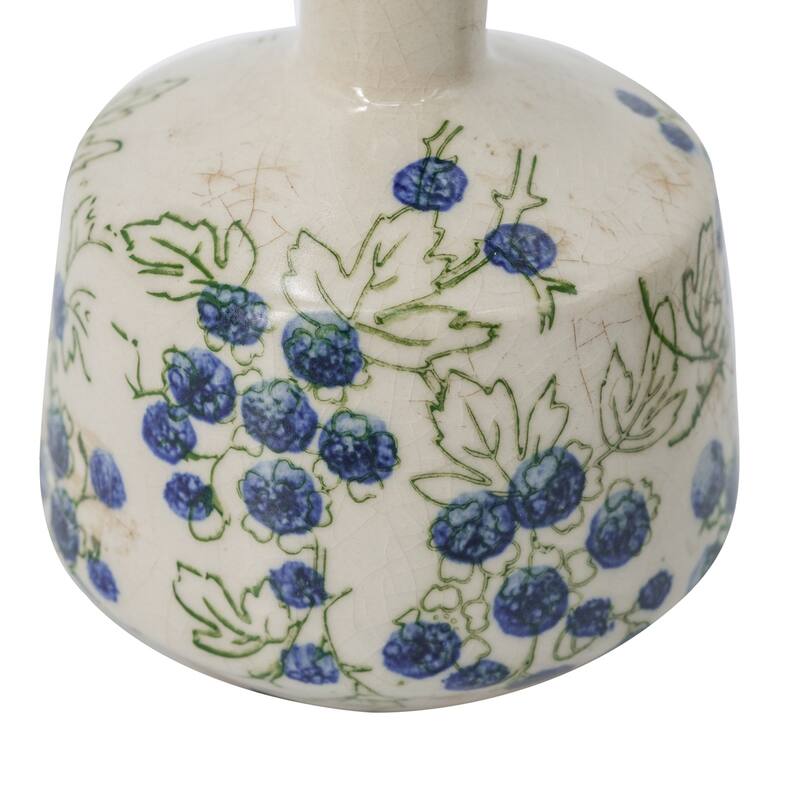 S/3 White Ceramic Mini Vases With Blue Berry Motif - Multicolor