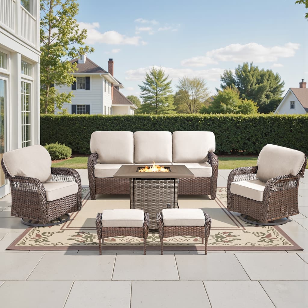 Pocassy Patio Outdoor Fire Table with Sofa Swivel Chair Funiture Set.
